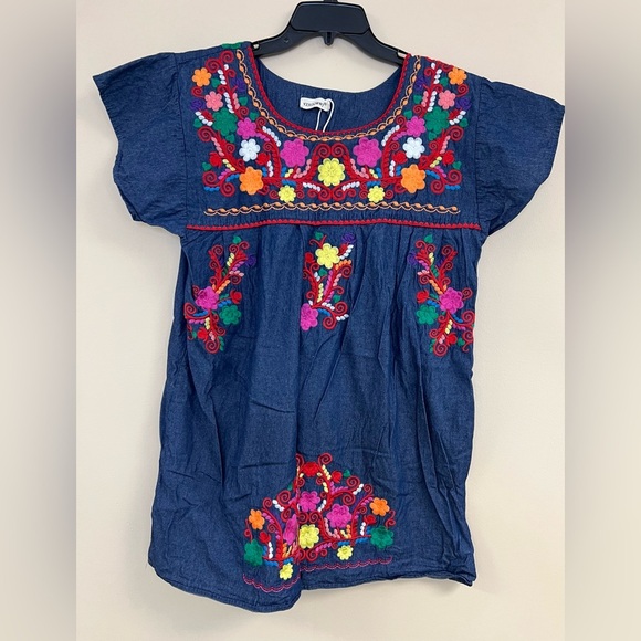 Embroidered Denim Dress with Colorful Floral Design - Picture 1 of 6